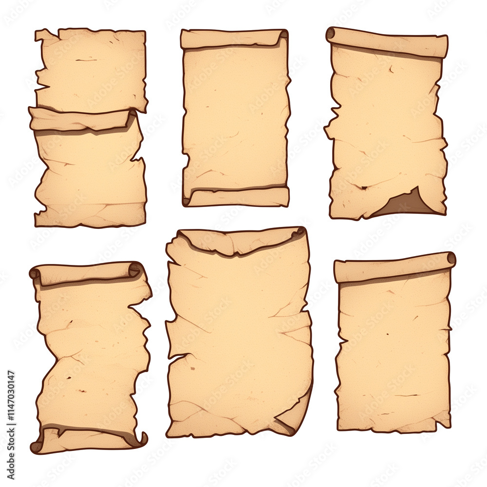 Poster collection of six torn and aged paper sheets with curled edges, isolated on transparency background, showcasing vintage and textured design ideal for creative projects