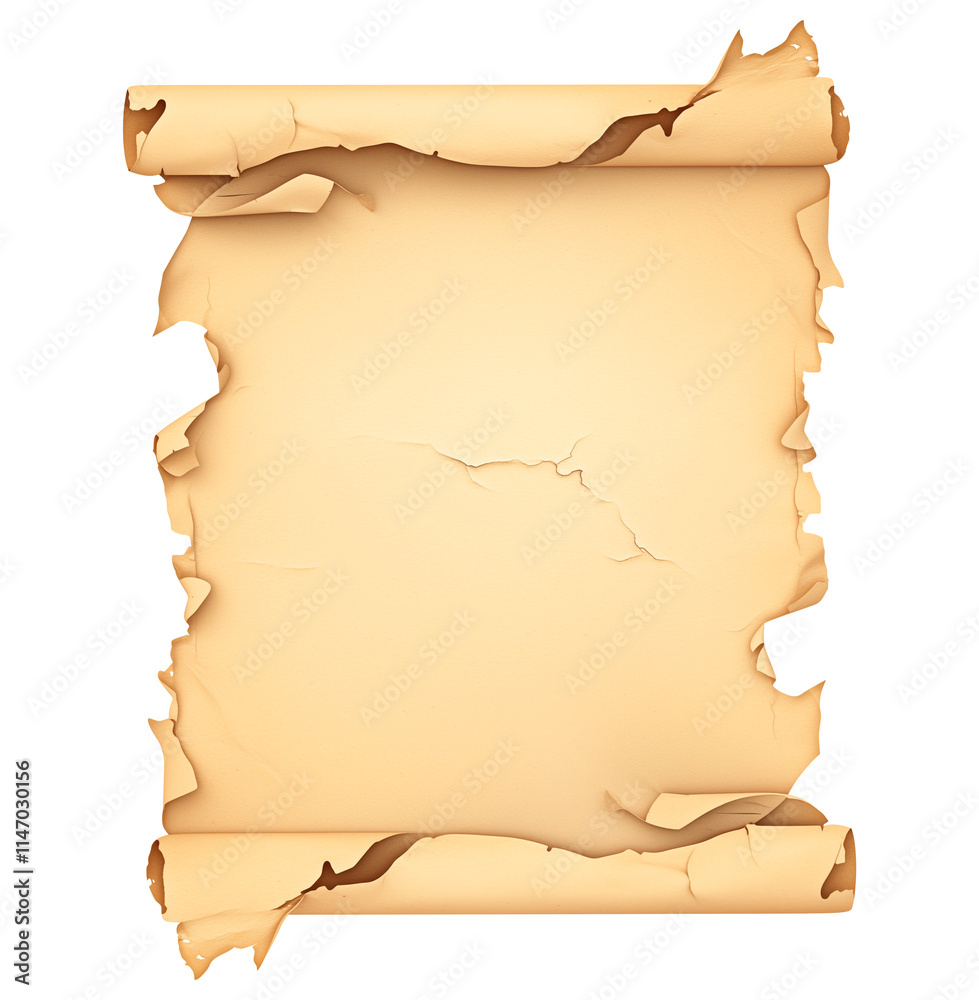 Poster torn and aged parchment paper with curled edges, isolated on transparency background, showcasing vin