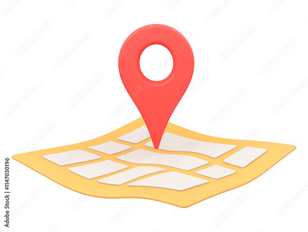 Poster 3d illustration of red location pin on yellow map with white grid lines, symbolizing navigation, tra