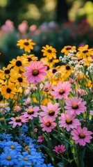 Obraz premium Colorful flowers bloom in a vibrant garden during a sunny afternoon, creating a joyful atmosphere filled with