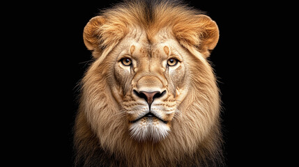 Naklejka premium Front view closeup of a male lion studio photography isolated on black background, powerful wild cat, motivation and inspiration, self improvement and growth concept, staring at the camera.