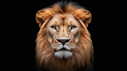 Fototapeta premium Front view closeup of a male lion studio photography isolated on black background, powerful wild cat, motivation and inspiration, self improvement and growth concept, staring at the camera.