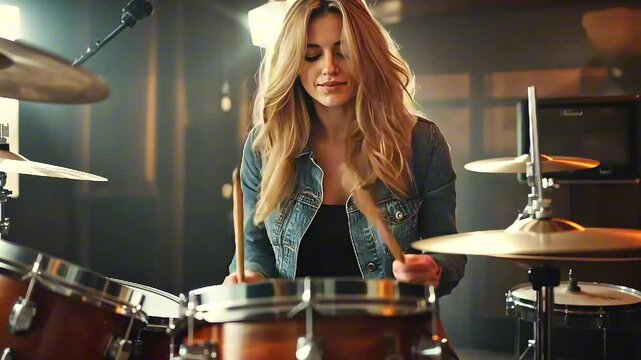 A talented woman plays the drums passionately in a vibrant music studio. The setting features warm lighting that enhances her concentration and enthusiasm during the rehearsal