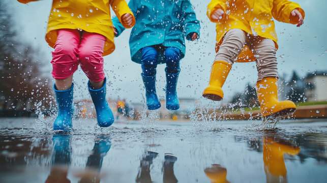 Happy children playing, childhood memories, kids wearing colorful wellingtons or galoshes rubber boots, waterproof raincoat and jumping in a puddle outdoors on a rainy day. water splash, yellow, blue.