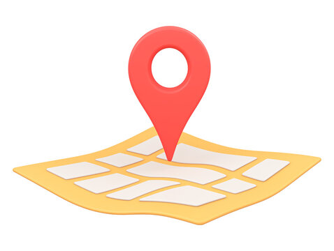 3D illustration of red location pin on yellow map with white grid lines, symbolizing navigation, tracking, or geolocation services