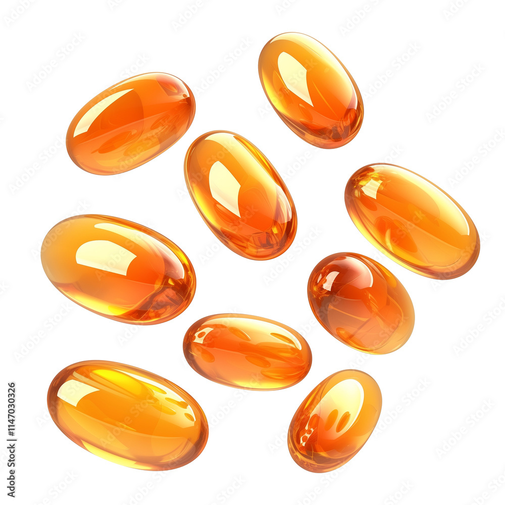 Poster shiny orange vitamin d supplement capsules isolated on transparency background, showcasing their glo