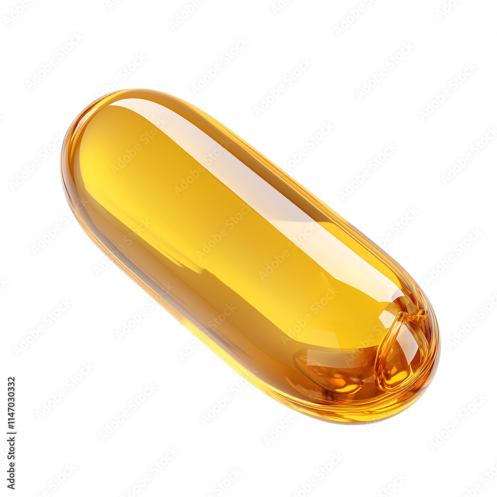 Poster shiny, golden softgel capsule of vitamin d supplement, isolated on transparency background, showcasi