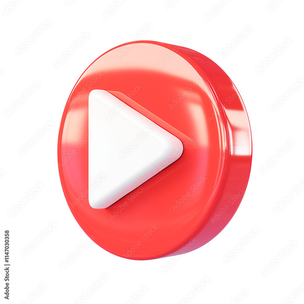 Poster 3D red circular button with white play icon, isolated on transparency background, showcasing modern and minimalistic design. Perfect for media, technology, or user interface concepts