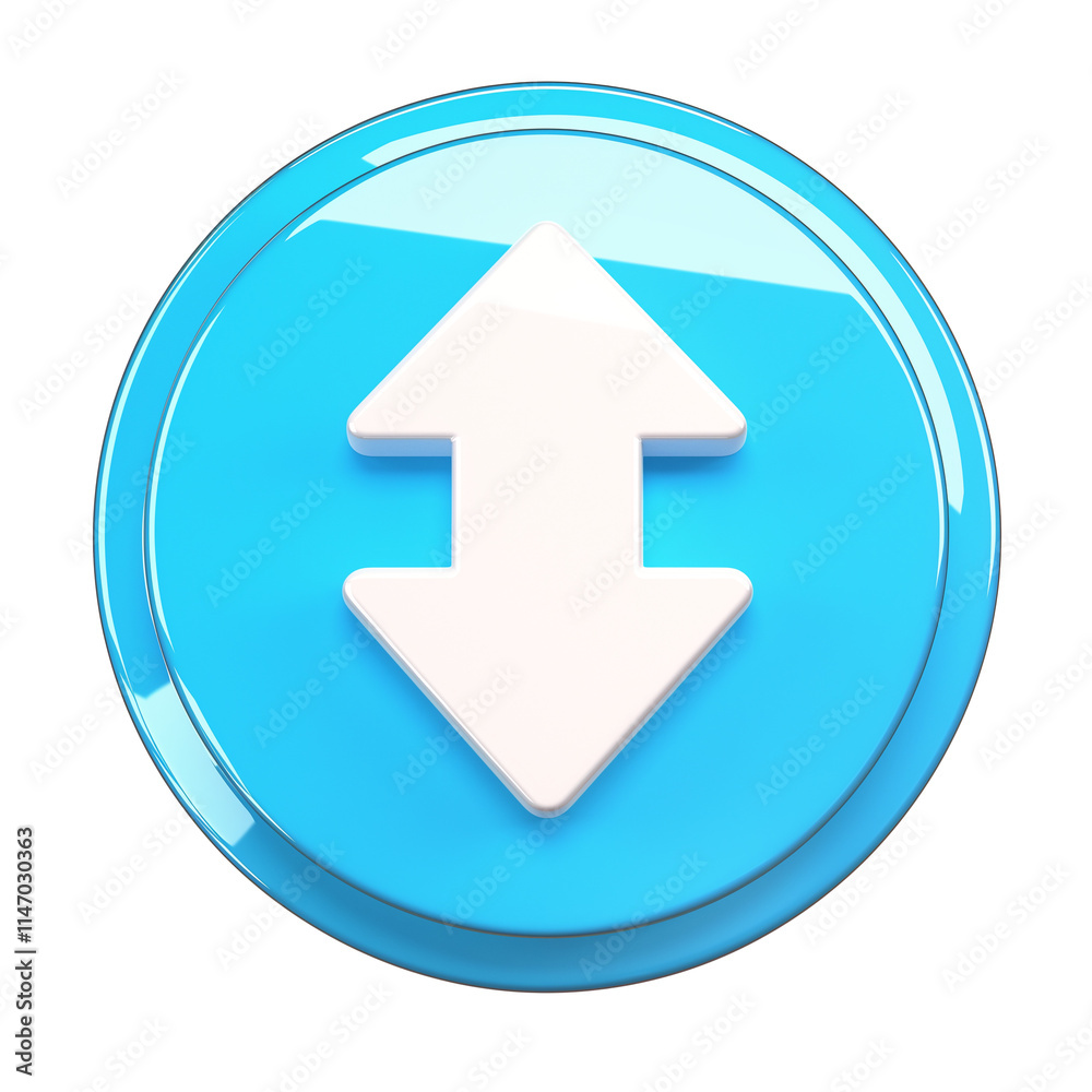 Poster glossy blue circular button with white double arrow symbol pointing up and down, isolated on transparency background, representing volume or directional control