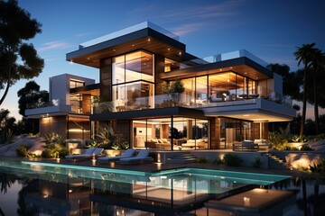 Obraz premium Large outdoor pool near a luxury villa, design of a modern villa with a pool.