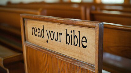 Sign with the text "read your bible" in the modern empty church building or room interior with no people inside, wooden bench pew. religious worship service. indoors seat rows, christian congregation.