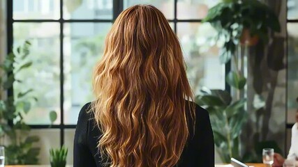 A woman with flowing red hair gazes out as she sits in a cafe, surrounded by greenery. Friends converse nearby, creating a lively ambiance. Soft light fills the space