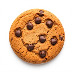 Top view of a singular biscuit chocolate cookie, isolated on white background, Freshly Baked Chocolate Chip Cookie on a Creamy White Background, Homemade Chocolate Chip Cookies	