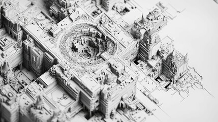 Monochrome model, futuristic city, intricate details.