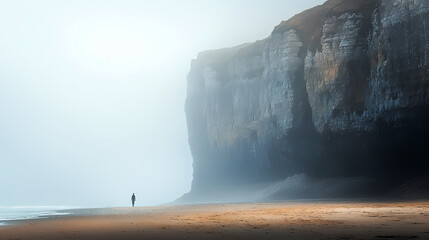 A solitary figure stands on a misty beach, gazing at a massive cliff, evoking feelings of contemplation and tranquility. Misty. Illustration