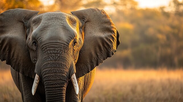 Majestic elephant stands in golden light, showcasing its powerfu