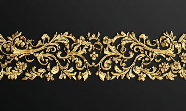 Gold floral design, ornate, dark background.