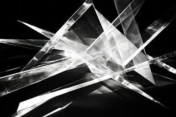 Abstract black and white image of intersecting transparent sharp acrylic shards creating a complex geometric pattern.