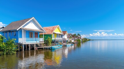 Obraz premium Colorful houses on stilts by calm lake under blue sky.