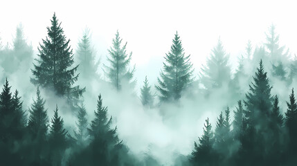 Obraz premium Dark green forest with tall trees and misty atmosphere, tree, green, fog. Misty. Illustration