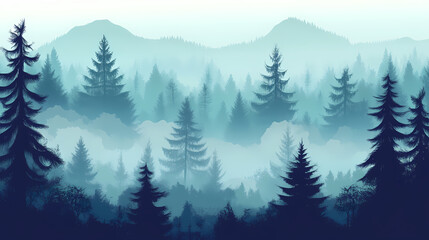 Dense forest with misty atmosphere and tall trees, foggy forest, forest landscape. Misty. Illustration