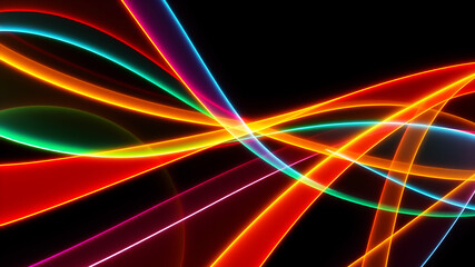 Dynamic neon-colored curves interweaving on a black backdrop, creating a futuristic, glowing design