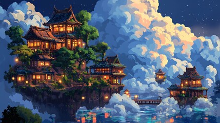 Obraz premium Asian Style Houses Floating Above Clouds At Night