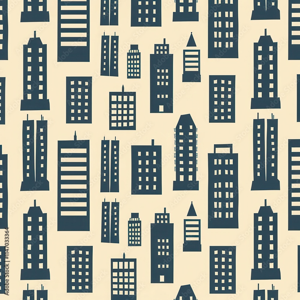 Aufkleber Colorful pattern of illustrated buildings in various shapes and sizes creating a unique urban design for fabric or wallpaper. Generative AI