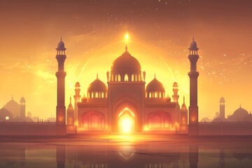 Majestic Mosque at Sunset Golden Hues Illuminate the Scene