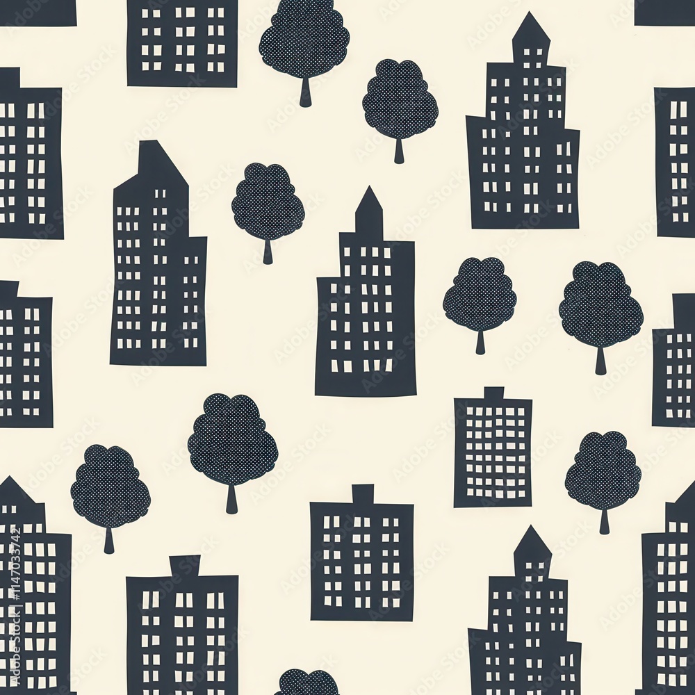 Aufkleber Urban design pattern featuring buildings and trees in a simple illustration style capturing city life. Generative AI