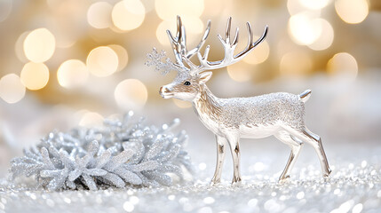 Obraz premium A silver glitter reindeer figurine stands against a bokeh background of warm gold lights. Silver sparkly pine cones are near it, creating a festive Christmas scene.