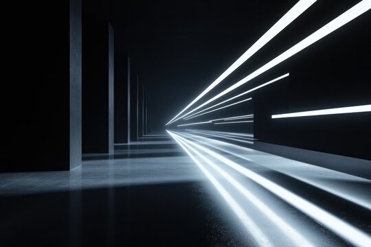 A futuristic, dark corridor illuminated by bright, parallel lines of neon light.