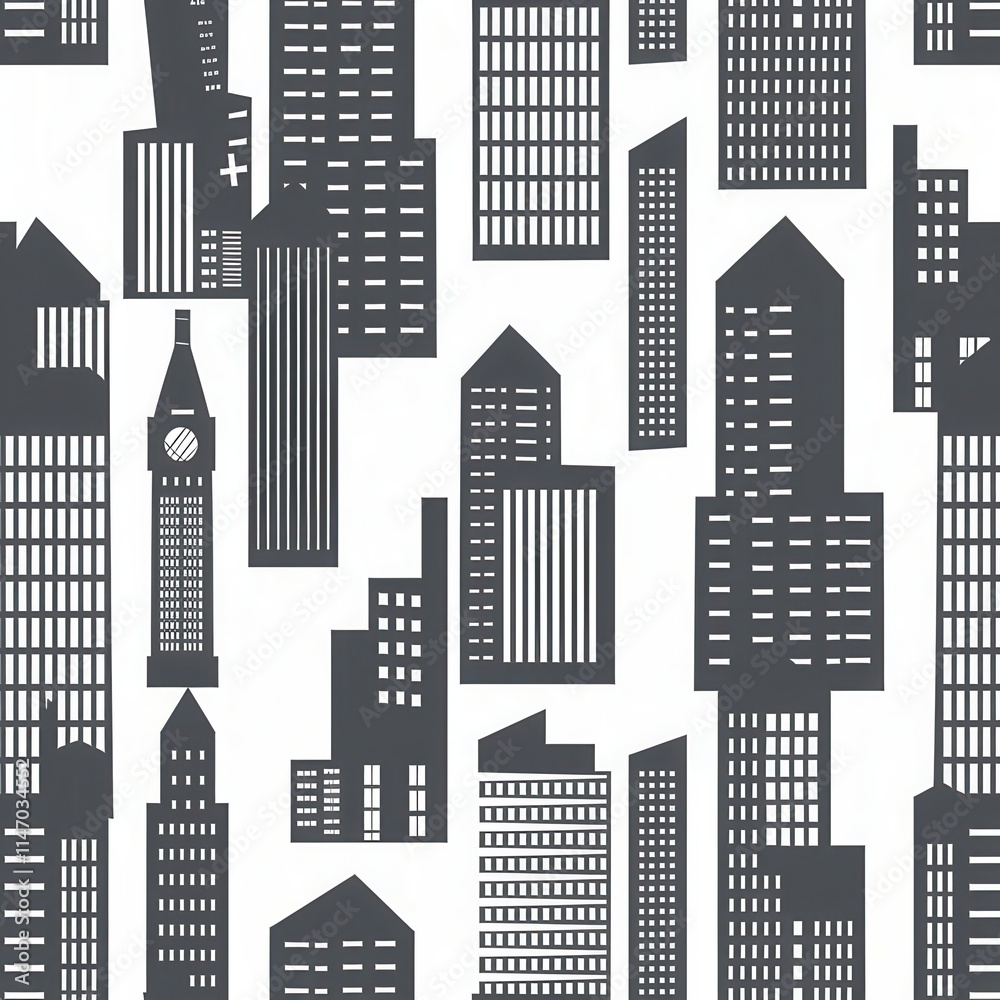 Poster urban skyline pattern featuring various building shapes and designs in a monochromatic palette. gene