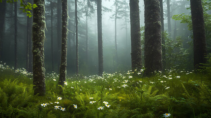 Fototapeta premium A misty morning forest scene with tall trees covered in moss and ferns and a few wildflowers blooming at their base, ferns, atmospheric, nature. Misty. Illustration