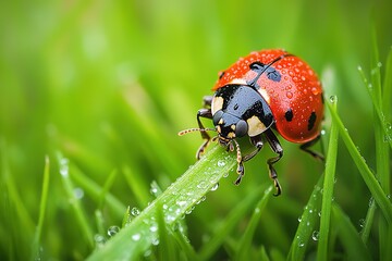Obraz premium Bright red ladybug resting on green grass blade, glistening with