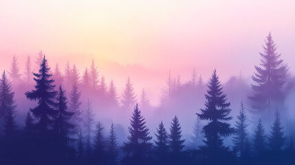 A peaceful forest at dawn with misty fog, woods, morning, mist. Misty. Illustration