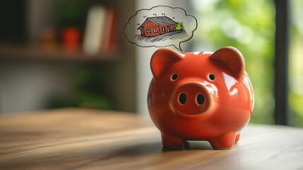 Savings Goal. A piggy bank with a thought bubble showing dreams like a house or vacation. Finance, savings, dreams