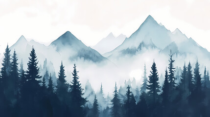 Obraz premium A serene watercolor landscape featuring misty mountains and lush coniferous forests, evoking tranquility and nature's beauty. Misty. Illustration