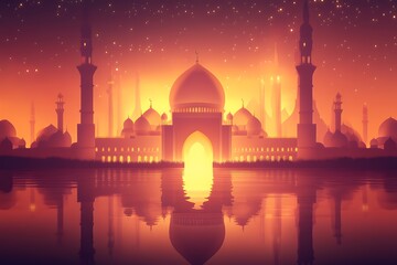 Fototapeta premium Majestic Mosque Silhouette Reflected In Calm Water At Sunset