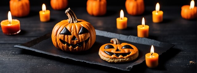 Creepy pumpkin shaped Halloween cookies with an evil face and eyes on a black wooden table with candles. A Halloween banner.