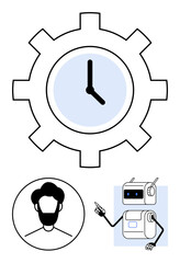 Gear with clock human avatar, robot with pointing gesture. Ideal for themes technology, time management, automation, human interaction, robotics, workforce, innovation. Line metaphor