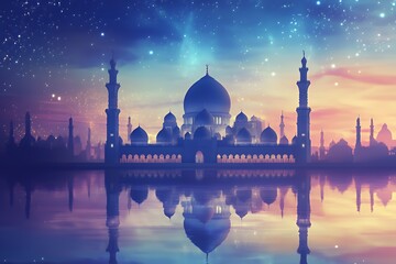 Fototapeta premium Majestic Mosque Reflecting In Calm Water Under Starry Sky