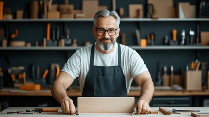 Confident artisan at work in a modern woodworking studio