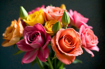 Fototapeta premium Vibrant bouquet of colorful roses and tulips against dark background