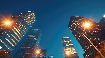 Obraz premium Low angle view of illuminated skyscrapers at night.