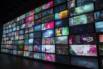 Vivid wall of television screens reflecting digital chaos and connectivity