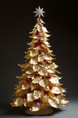 Obraz premium A Christmas tree made of gold leaves is decorated with red and silver beads.