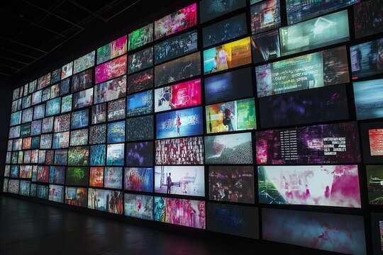 Vivid wall of television screens reflecting digital chaos and connectivity