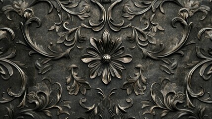 Dark, ornate, metallic floral relief pattern.