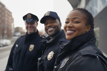 Portrait of three happy, multiethnic young police officers standing outdoors, smiling at the camera. The men and woman in black uniforms with badges.